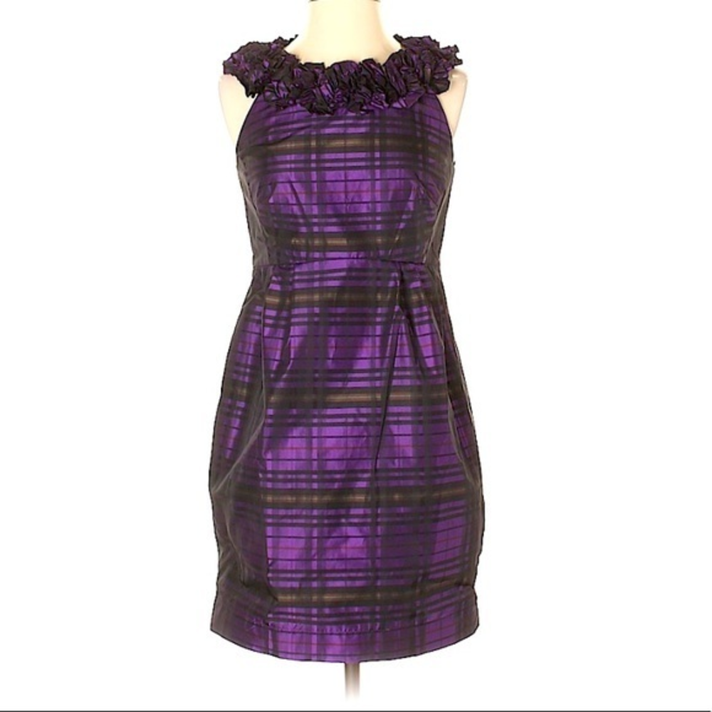 Taylor‎ 6 retro purple black plaid ruffle neck lined satin cocktail formal dress
